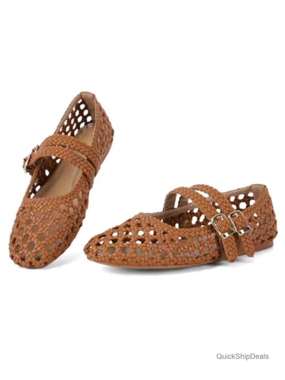 Woven Double Buckle Mary Jane Flats for Women Flat Heel Casual